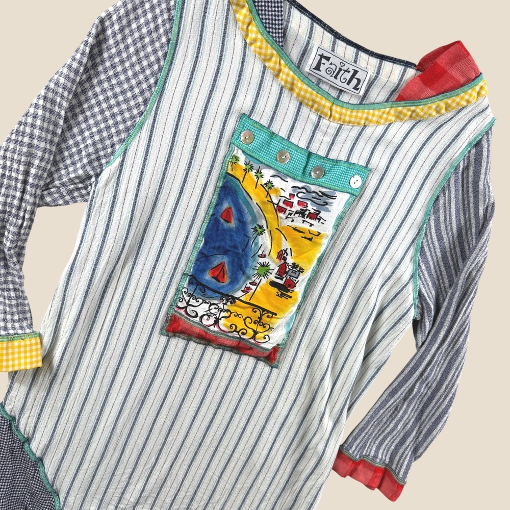 Vintage Faith Tunic Women M Multicolor Patchwork Striped Beach Art Boho Top 78Ch